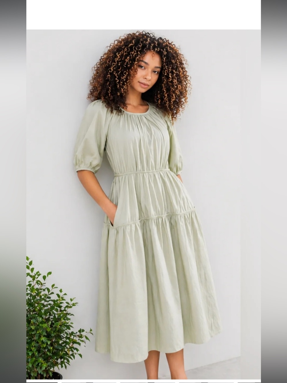 MELLODAY Sage Green Tiered Cotton Dress size M